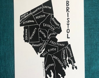 Hand-Drawn Bristol County, Massachusetts Map Art Print