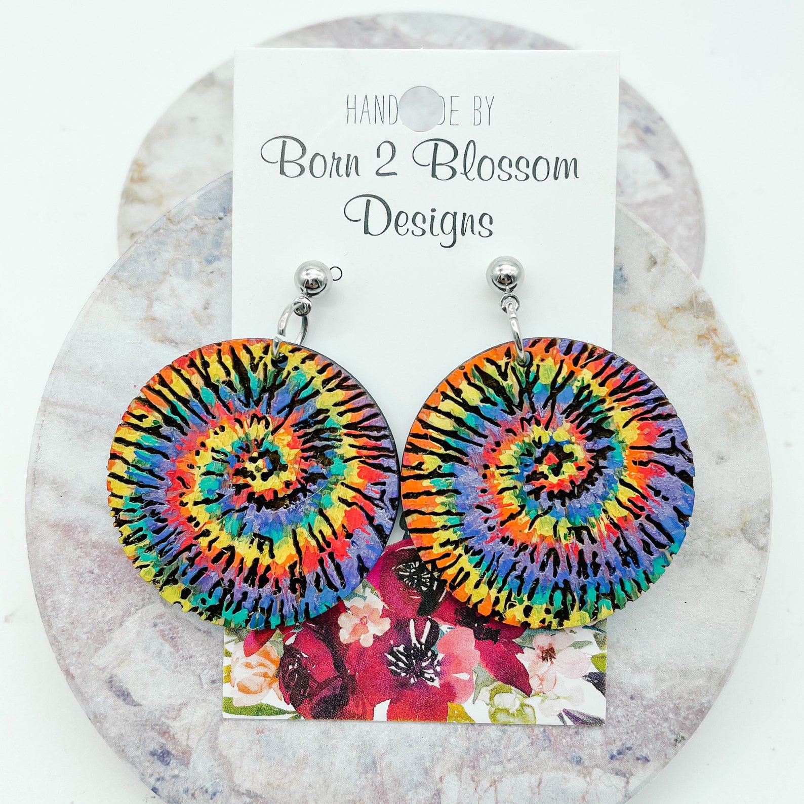 Tie Dye Earrings / Rainbow Tie Dye Earrings / Wood Jewelry / Etsy