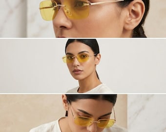 Rimless Rectangle Sunglasses for Women - Tinted Yellow Lens Gold Frame - Retro 90s Vintage Style Y2K Aesthetic - Lightweight Fashion Eyewear