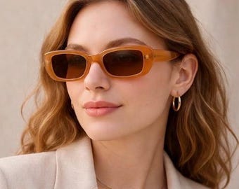 Amber Rectangle Sunglasses – Translucent Orange Frame Brown Tint Lenses, Slim Y2K Retro Shades, Unisex
