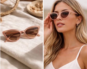 Blush Pink Cat Eye Sunglasses for Women | Retro Chic Slim Frame Shades | Trendy Minimalist Summer Eyewear