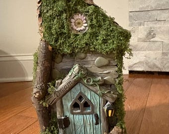 Whimsical Handmade Fairy House with Blue Light – Moss Cottage Decor – Dreamy Woodland Miniature