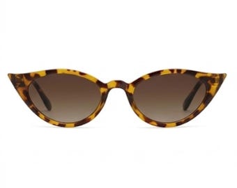 Slim Retro Cat Eye Sunglasses | Tortoise Shell Vintage Style Eyewear for Women | Small Pointed Frame Fashion Sunnies | Trendy 90s Aesthetic