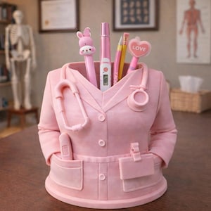 Może przedstawiać: Różowy organizer na biurko w kształcie fartucha lekarskiego, z kieszeniami i stetoskopem. Organizer zawiera długopisy, termometr i długopis z sercem. Organizer stoi na brązowym biurku.