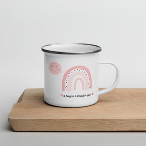 Hug in a Mug - Thoughtful Gift for Friend - Sympathy Present - Gift for Someone Afar - Social Distancing Gift - Cute Rainbow  - Enamel Mug