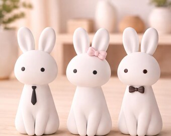 Chibi Bunny Trio Figurines – Japandi Easter Home Decor, Minimalist Holiday Collection