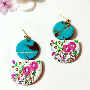 Aqua Flora Clay Earrings. Statement Earrings.  Polymer Clay Earrings. Hand Painted Clay Earrings. Boho earrings.