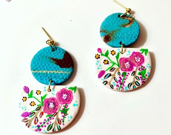 Aqua Flora Clay Earrings