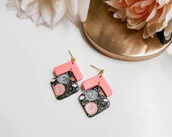 Hand-Painted Midnight Roses Clay Earrings: Boho Floral Jewelry