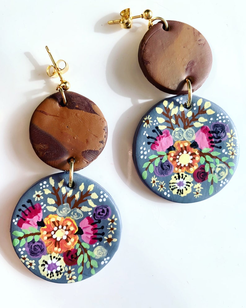 Polymer Clay Earrings. Hand Painted Floral Design With Lots of Etsy