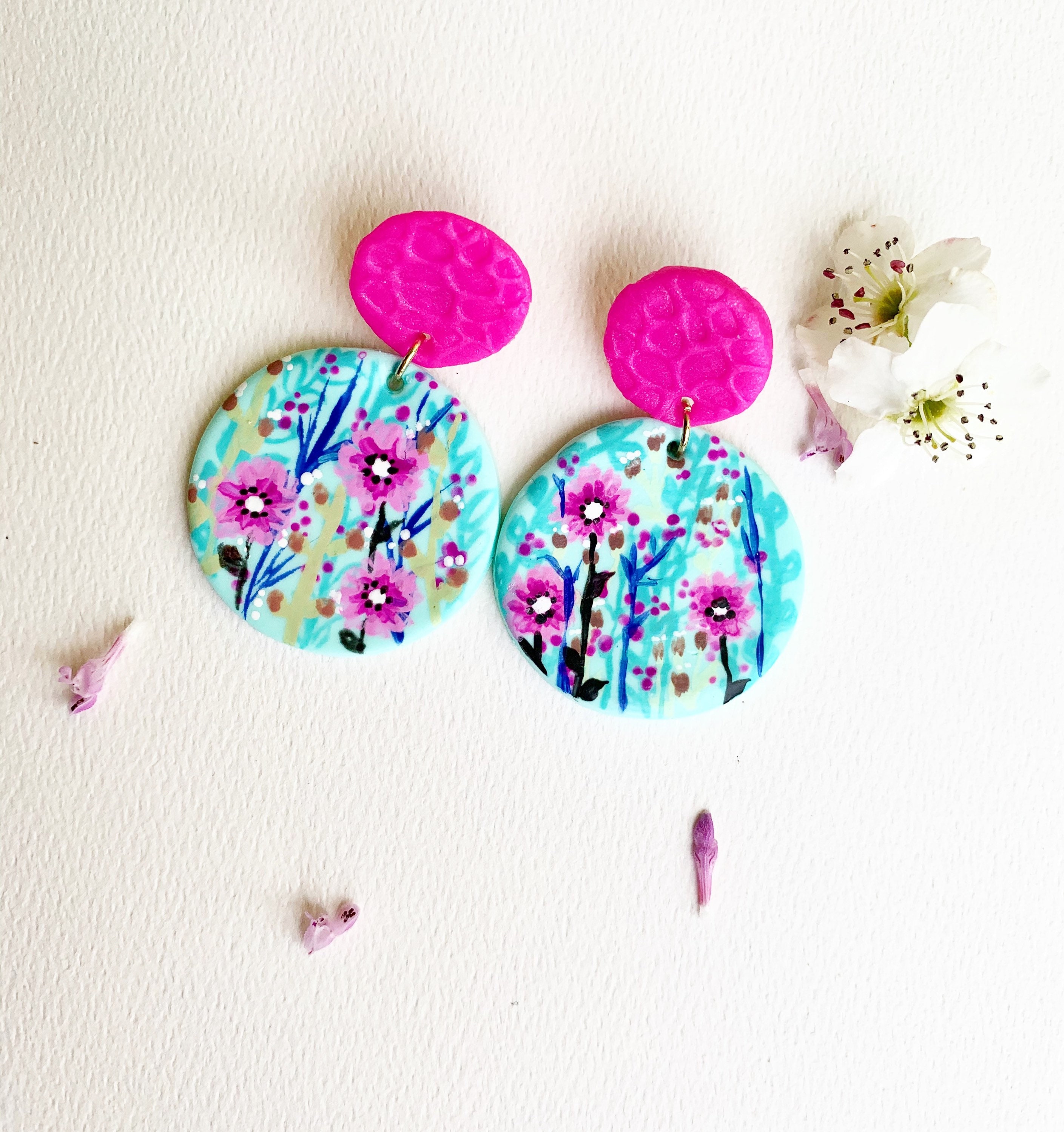 Fuchsia and Mint Clay Earrings. Statement Earrings. Floral Etsy