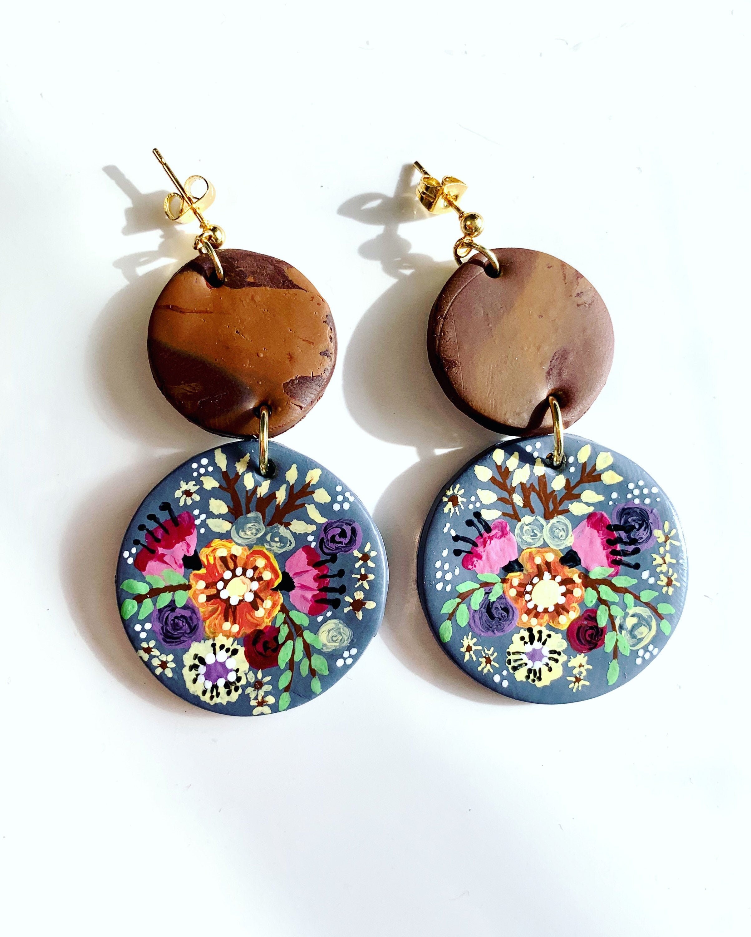 Polymer Clay Earrings. Hand Painted Floral Design With Lots of Etsy