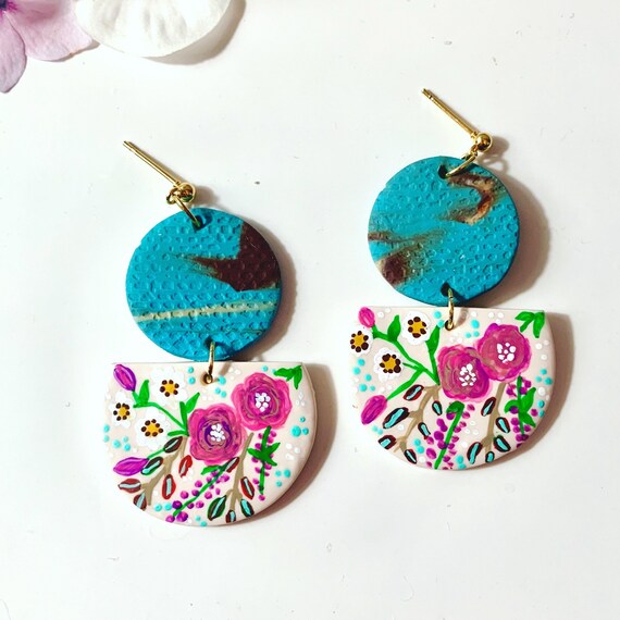 Aqua Flora Clay Earrings. Statement Earrings. Polymer Clay