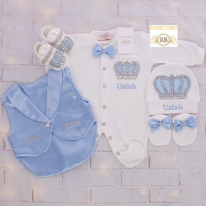 Newborn Boy Turkish Romper Set In Crown Design Sky Blue main image 1