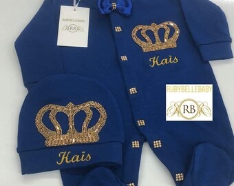 3pcs Crown Baby Boy Hospital Exit Newborn Baby Boy Bling Outfits Baby Boy Layette Set Personalized Baby Boy Outfit Navy Blue and Gold