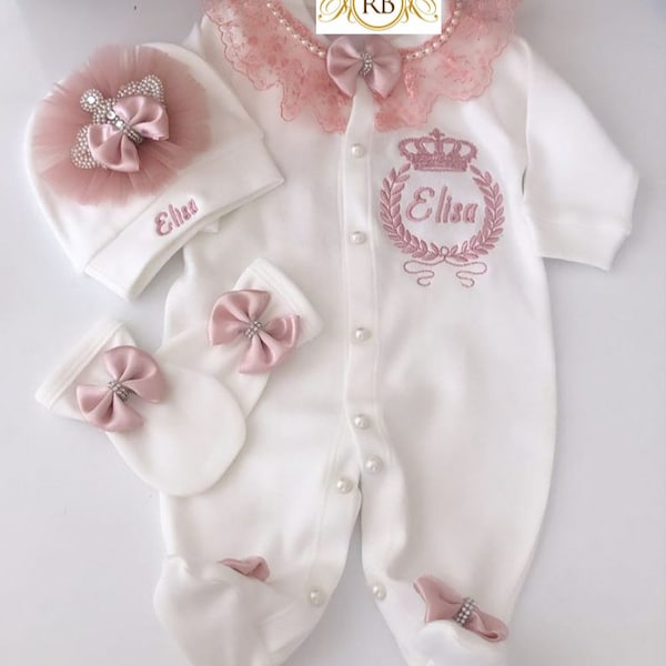 3pcs Crown Baby Girl Hospital Exit Newborn Baby Girl Bling Outfits Baby Girl Layette Set Personalized Baby Girl Outfit