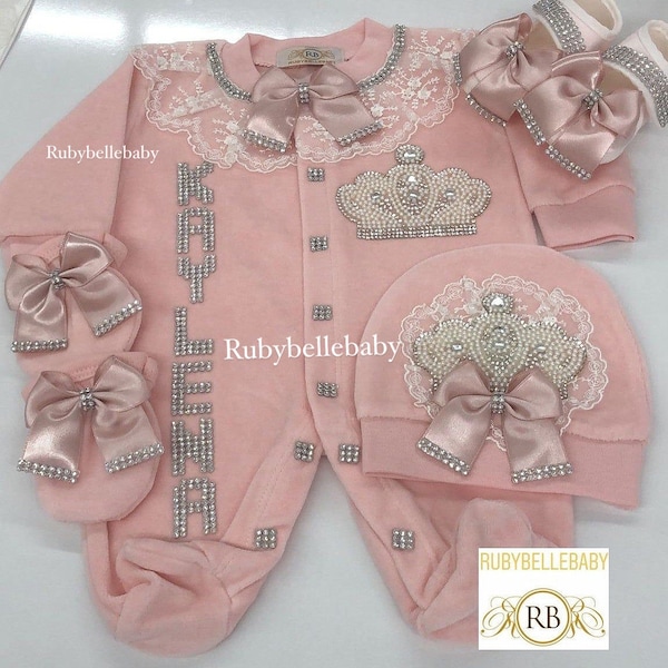 4pcs Velour Baby Girl Layette Set: Crown, Hat, Mittens, Shoes