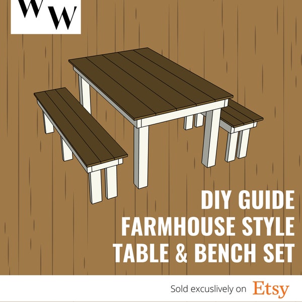 Farmhouse Style Table and Bench Set, DIY Guide - PDF File Instant Download