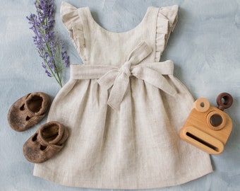 Linen Baby Dress, 1st Birthday Dress, Linen Toddler Pinafore, Ruffle Dress, Baby Girl Linen Clothes, Christening Dress, Easter Toddler Dress