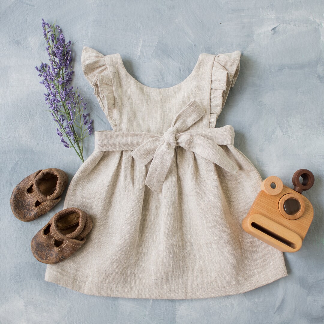 Linen Baby Dress, 1st Birthday Dress, Linen Toddler Pinafore, Ruffle