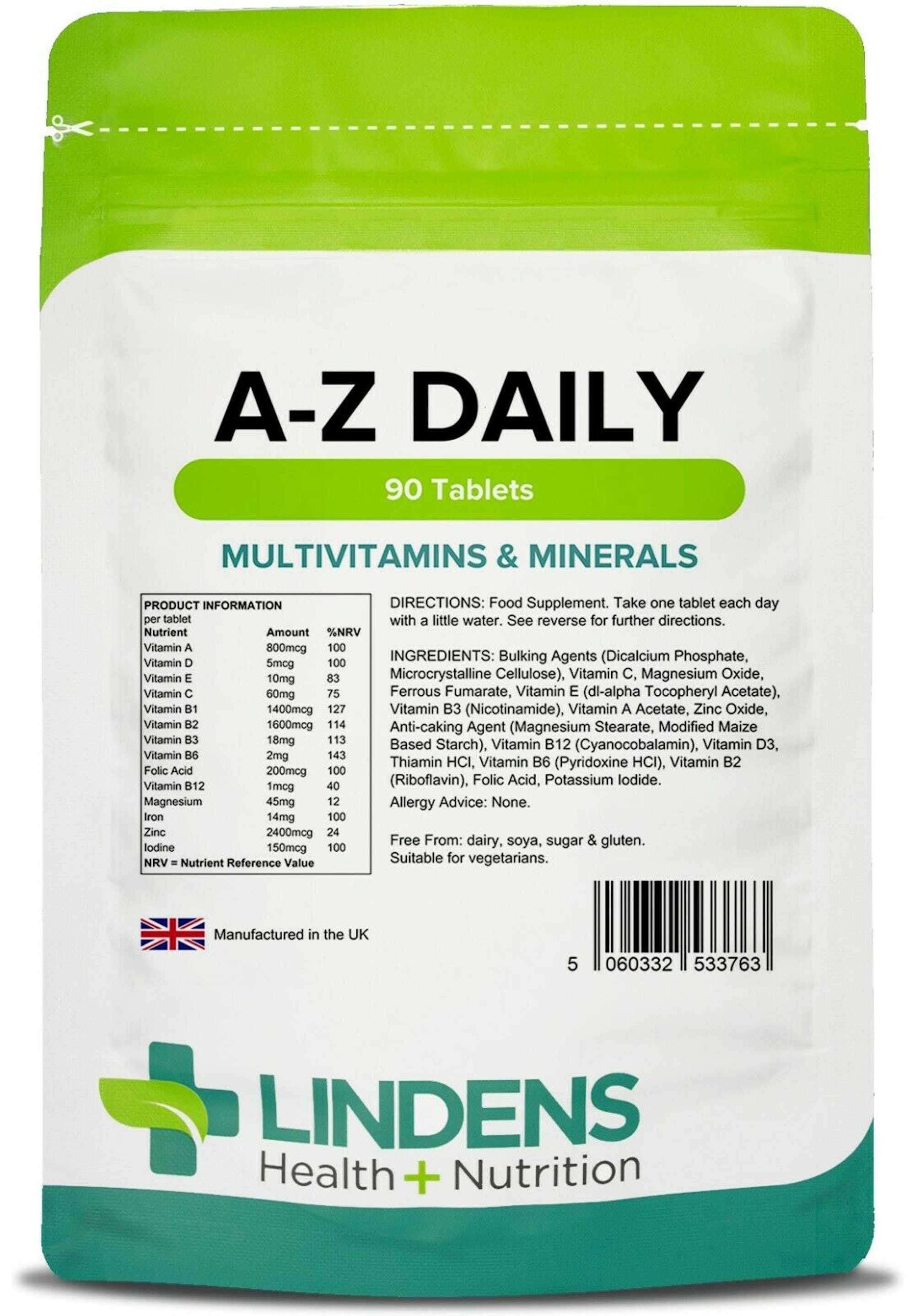 Multi Vitamins AZ Daily Tablets Minerals for Men and Women Lindens 90