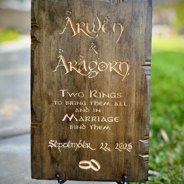 Personalized Elvish Wedding Sign Two Rings to Bring Them All With Decorative Nailheads Custom Fantasy Boho Wedding Sign Celtic Nature Decor