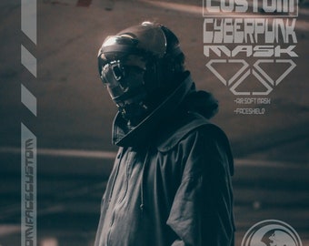 May include: A person wearing a black cyberpunk mask with a black jacket. The mask has a clear visor and is labeled "FACE CUSTOM CYBERPUNK MASK". The text "AIR SOFT MASK" and "FACESHIELD" are also visible.