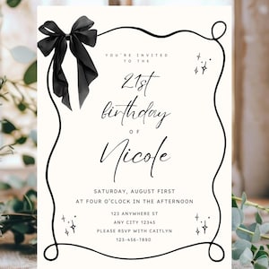 May include: A cream-colored invitation with a black ribbon and a decorative border. The invitation text reads "You're invited to the 21st birthday of Nicole" with event details. The design includes star accents.