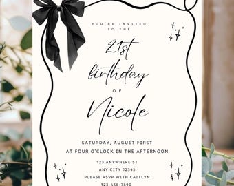 Invitación de cumpleaños con lazo blanco y negro: diseño minimalista moderno (descarga digital).
