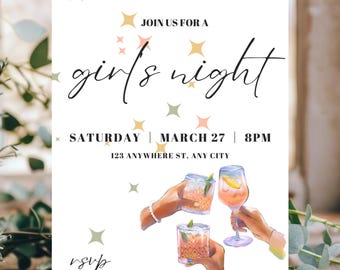 Op de afbeelding: Witte uitnodiging met de tekst "Join us for a girls night" in een scriptlettertype. De uitnodiging bevat de datum, tijd en locatie. Waterverfillustraties van handen die cocktails vasthouden. RSVP-informatie is ook inbegrepen.