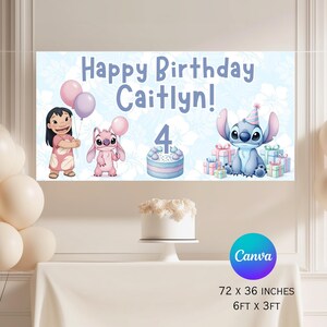May include: A rectangular birthday banner measuring 183 x 91 cm featuring the text Happy Birthday Caitlyn! with a number 4, illustrations of Lilo, Angel, and Stitch, balloons, a cake, and gift boxes against a light blue floral background.