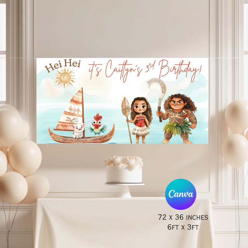 May include: A rectangular party banner featuring a cartoon illustration of a boat with a pig and a rooster, alongside two characters, one holding a paddle and the other a hook. The text reads Hei Hei it's Caitlyn's 3rd Birthday! The banner measures 72 x 36 inches.