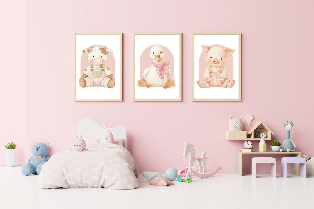 Pink Farm Animals Nursery Art | Plush Style Baby Girl Decor (canva ...