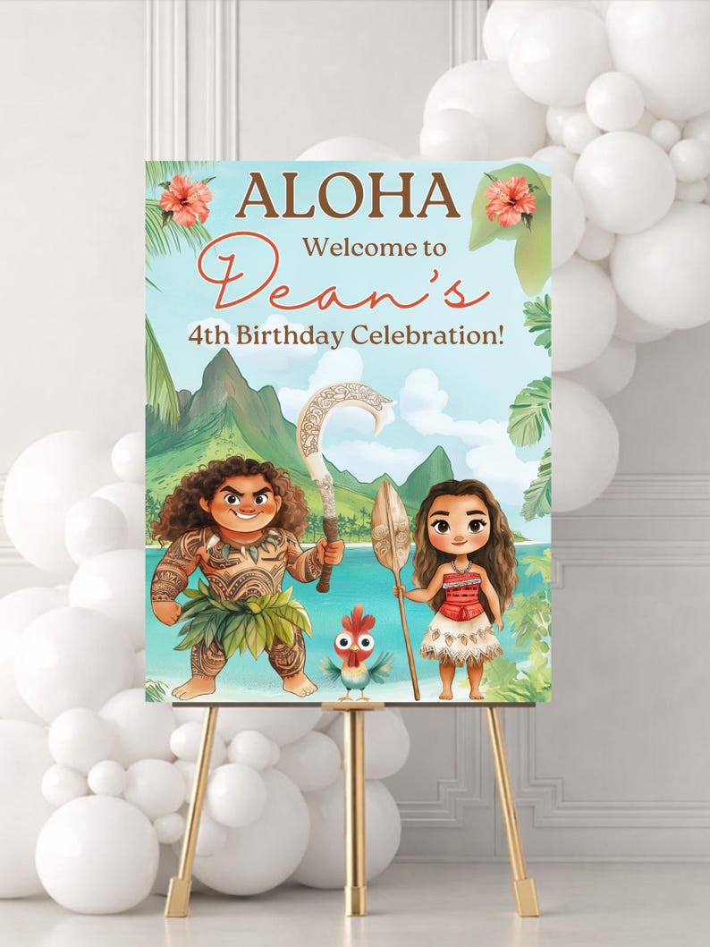 K&ouml;nnte beinhalten: Ein rechteckiges Geburtstagsschild mit dem Text ALOHA Welcome to Dean's 4th Birthday Celebration! Das Design enth&auml;lt Illustrationen einer t&auml;towierten m&auml;nnlichen Figur, einer weiblichen Figur und eines kleinen Huhns vor einer tropischen Inselkulisse.