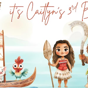 May include: A digital illustration featuring a sailboat with a pig and a rooster, alongside a girl holding a paddle and a man holding a hook. The text reads Hei Hei it's Caitlyn's 3rd Birthday! The characters are rendered in a cartoon style with soft colors.