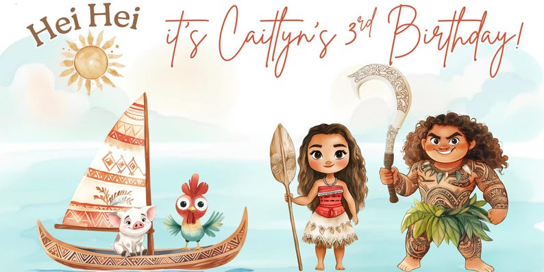 May include: A digital illustration featuring a sailboat with a pig and a rooster, alongside a girl holding a paddle and a man holding a hook. The text reads Hei Hei it's Caitlyn's 3rd Birthday! The characters are rendered in a cartoon style with soft colors.