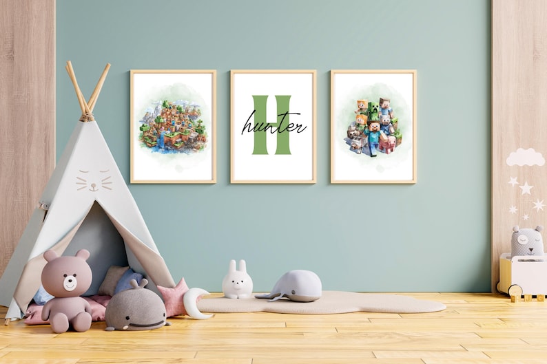 Pixel Game Wall Art | Block Theme Kids Room Decor | Custom Name ...