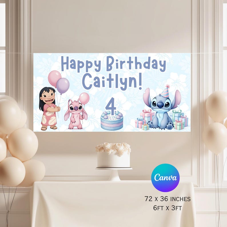 May include: A rectangular birthday banner measuring 183 x 91 cm featuring the text Happy Birthday Caitlyn! with a number 4, illustrations of Lilo, Angel, and Stitch, balloons, a cake, and gift boxes against a light blue floral background.