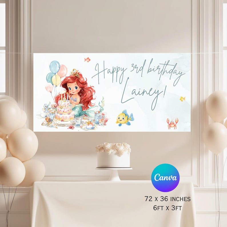 May include: A rectangular birthday banner featuring a watercolor illustration of a mermaid with red hair, a yellow fish, and a crab. The text reads Happy 3rd birthday Lainey! The banner measures 72 x 36 inches and includes pastel balloons and a cake.