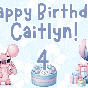 May include: A horizontal banner featuring the text Happy Birthday Caitlyn! with a large number 4 on a cake. The design includes a girl with black hair, a pink alien character holding a balloon, and a blue alien wearing a party hat with gifts.