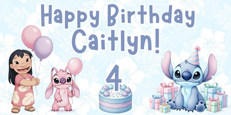 May include: A horizontal banner featuring the text Happy Birthday Caitlyn! with a large number 4 on a cake. The design includes a girl with black hair, a pink alien character holding a balloon, and a blue alien wearing a party hat with gifts.
