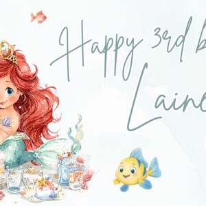 May include: A watercolor illustration featuring a red-haired mermaid with a gold crown, a tiered birthday cake with candles, and colorful balloons. The text reads Happy 3rd birthday Lainey! with small sea creatures including a fish and a crab.