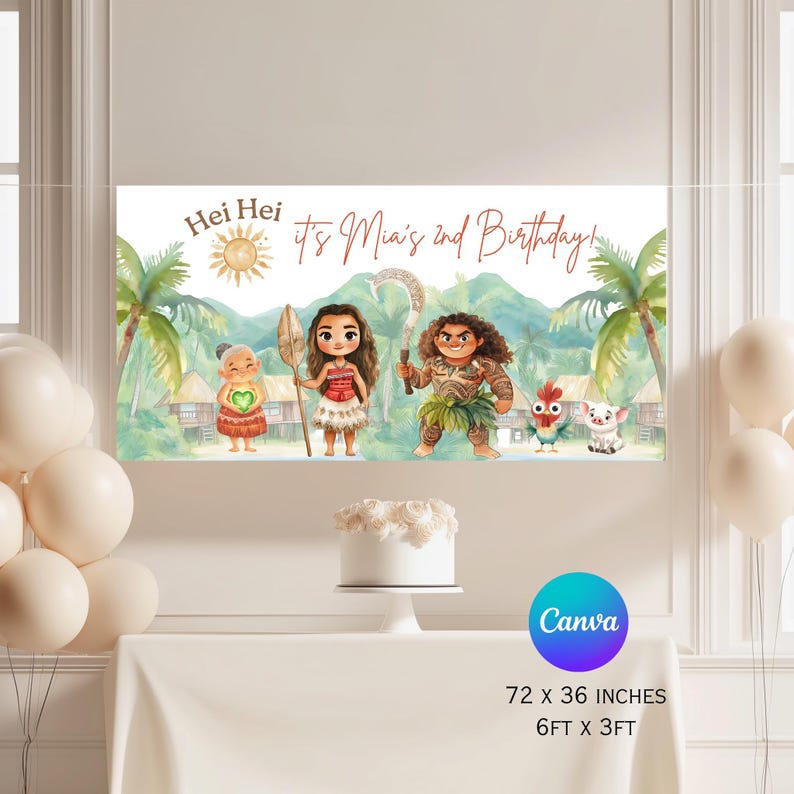 Peut inclure: Une banni&egrave;re de f&ecirc;te rectangulaire illustrant une sc&egrave;ne d'&icirc;le tropicale avec des personnages de dessin anim&eacute;, dont une fille, un homme, une femme &acirc;g&eacute;e, un coq et un cochon. Le texte indique 'Hei Hei it's Mia's 2nd Birthday!' avec un soleil. Dimensions : 183 x 91 cm.