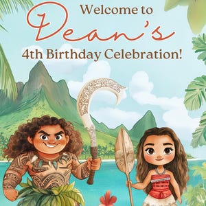 K&ouml;nnte beinhalten: Ein Geburtstagsschild mit dem Text ALOHA Welcome to Dean's 4th Birthday Celebration! und Illustrationen von zwei animierten Figuren, eine mit einem gebogenen Haken und die andere mit einem Holzpaddel, sowie einem kleinen Huhn am Strand.