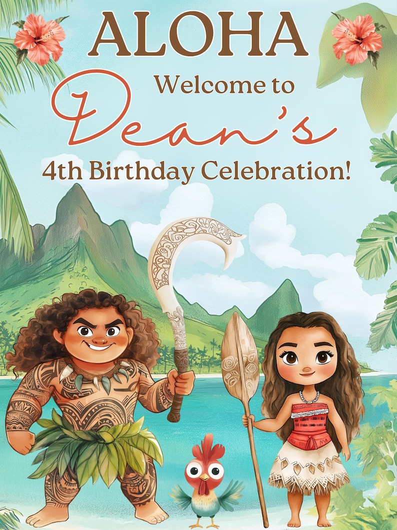 K&ouml;nnte beinhalten: Ein Geburtstagsschild mit dem Text ALOHA Welcome to Dean's 4th Birthday Celebration! und Illustrationen von zwei animierten Figuren, eine mit einem gebogenen Haken und die andere mit einem Holzpaddel, sowie einem kleinen Huhn am Strand.