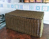 Wicker storage basket with lid and leather fastening Dark brown basket Rectangular basket