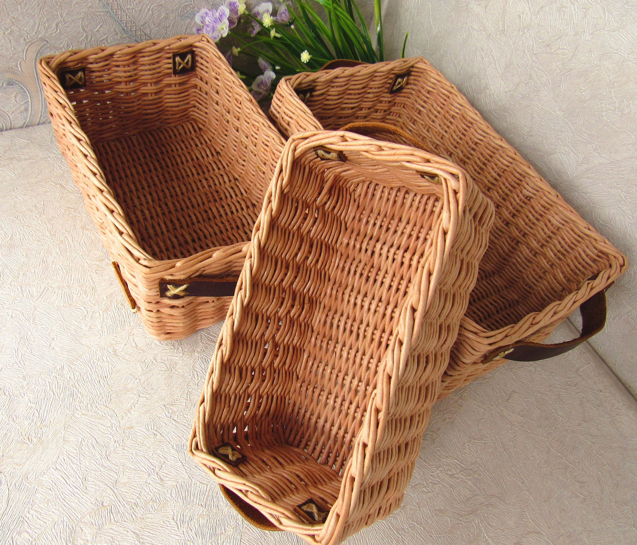 Wicker Rectangular Basket With Leather Handles Wicker Storage Etsy Canada