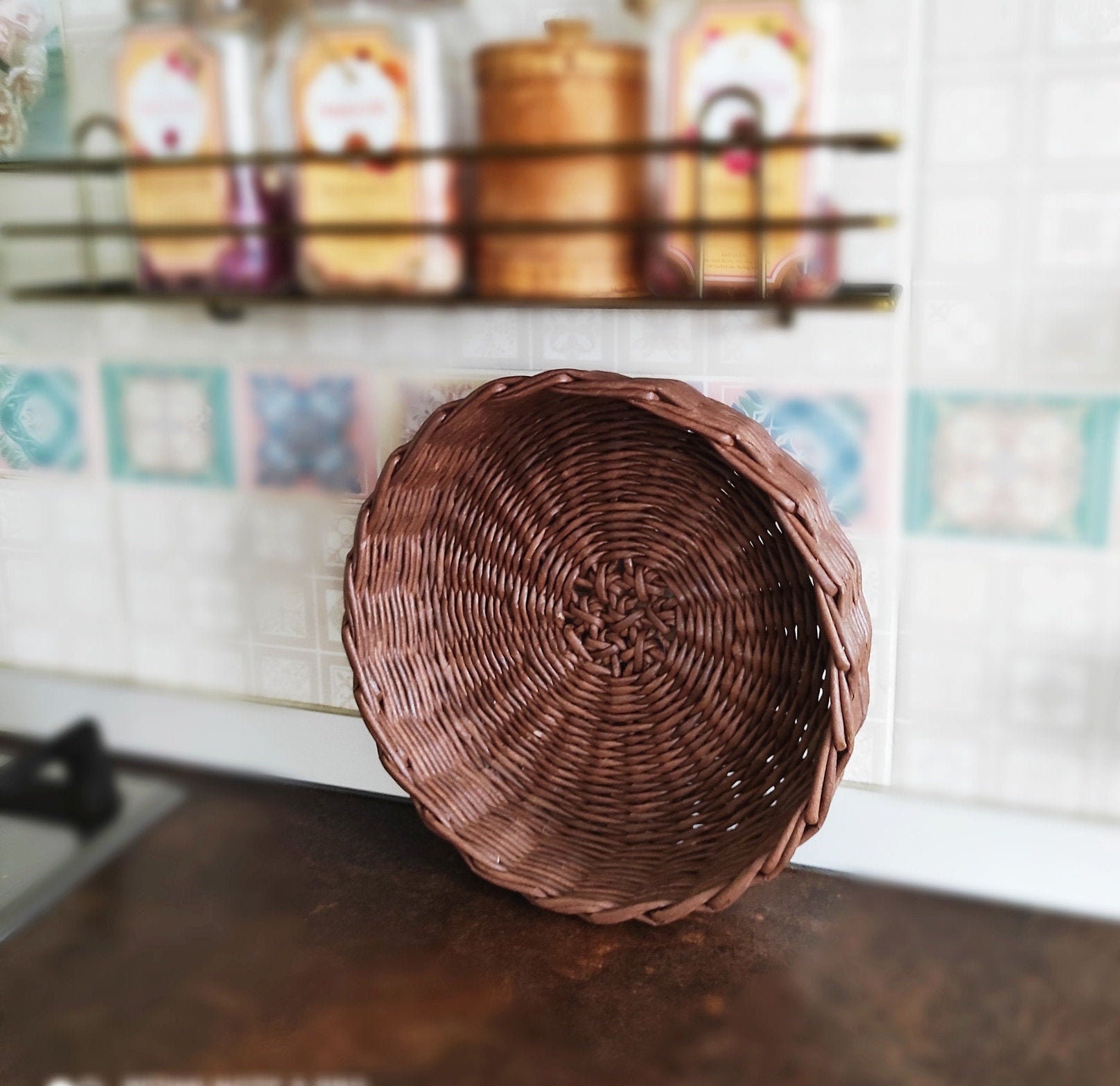 Round wicker bread basket for a rustic kitchen Brown serving Etsy