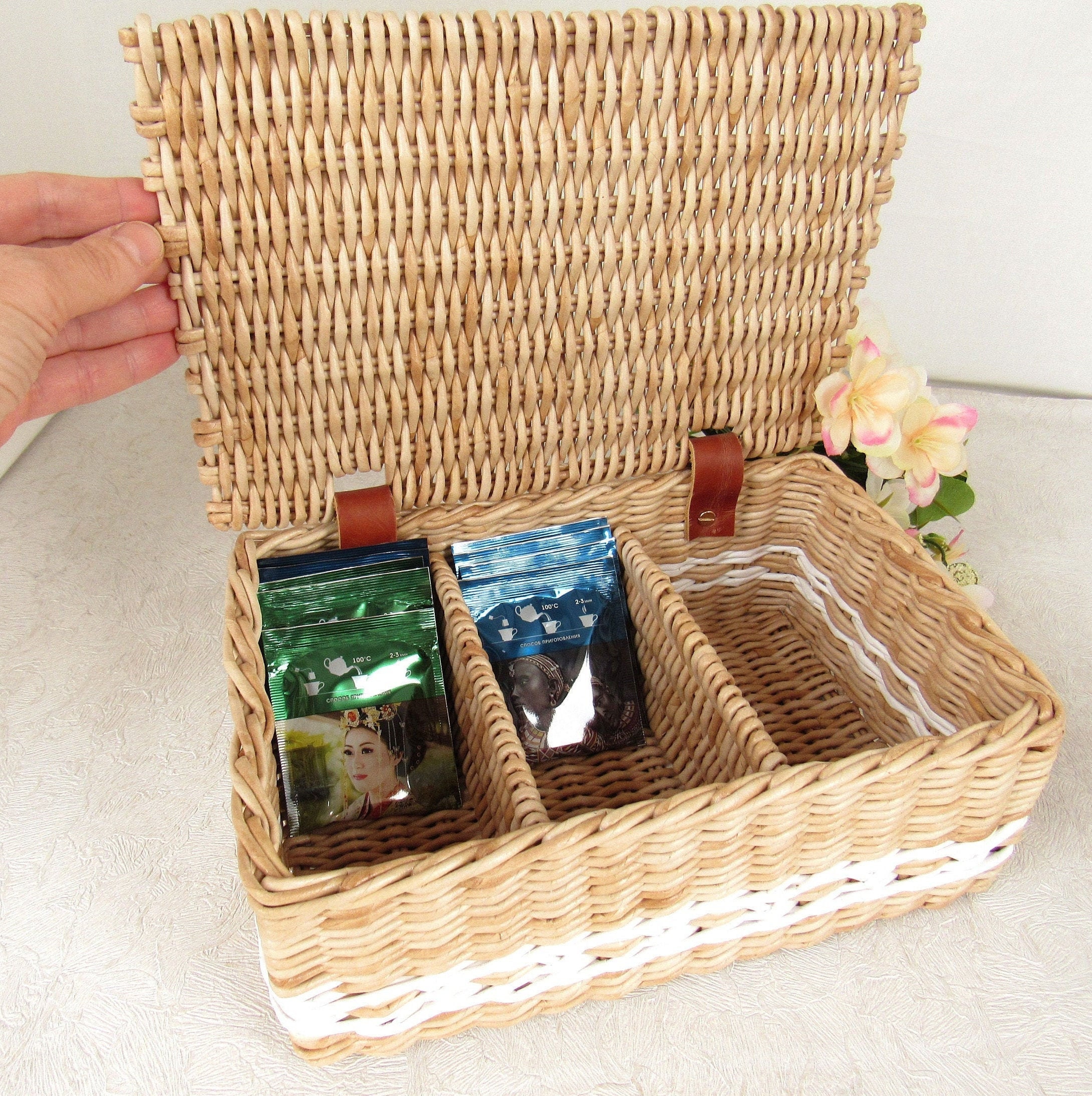 Wicker tea box with compartments in a rustic style Etsy