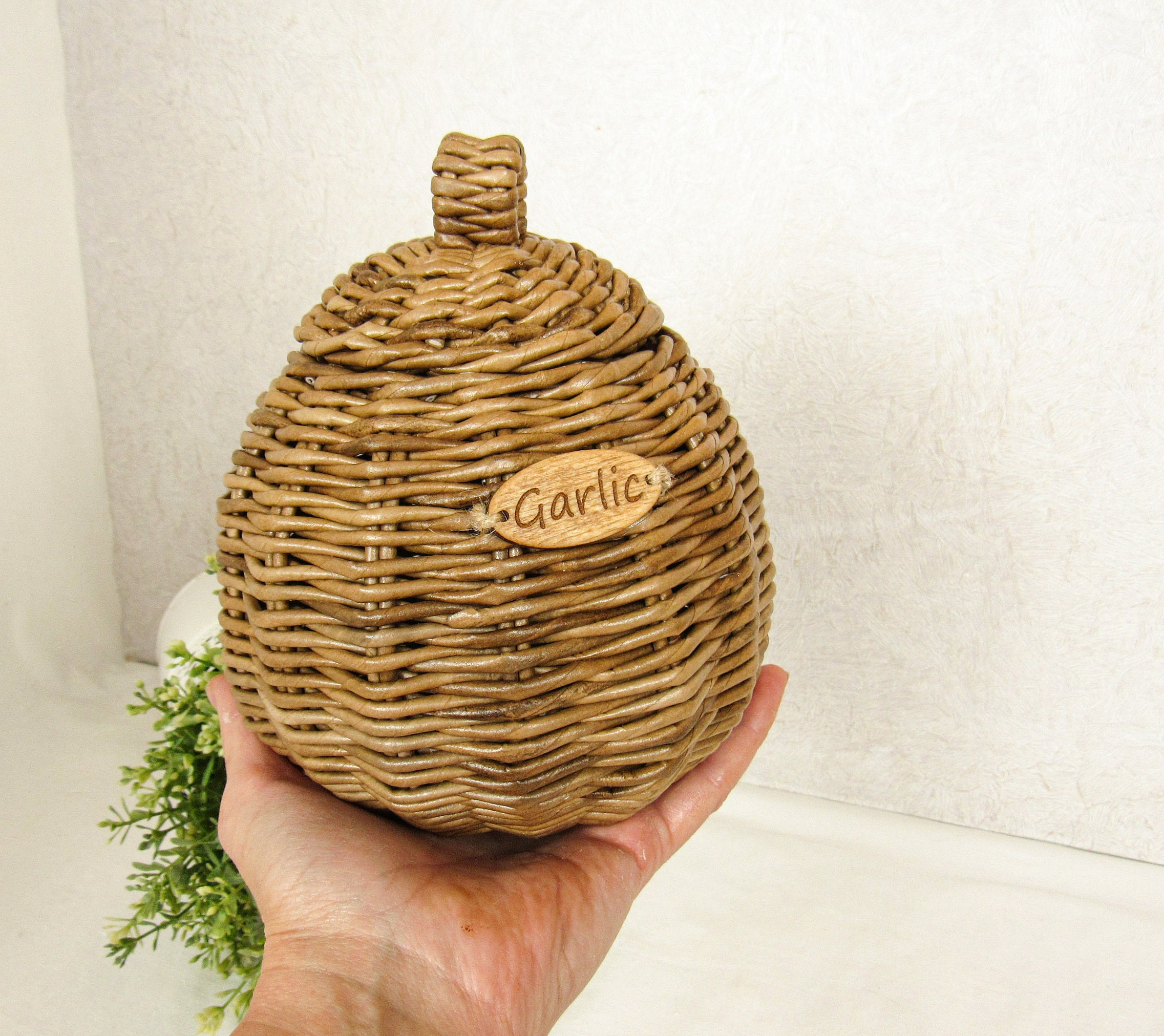 Wicker handmade lidded garlic basket for storage kitchen Etsy